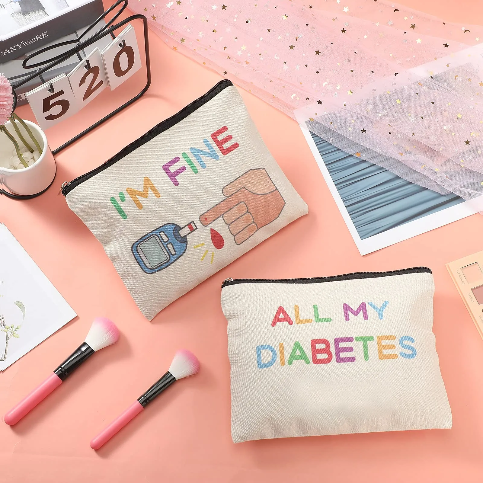 2 Pieces Diabetic Supplies Travel Bag All My Diabetes Funny Organizer Canvas Bag Diabetic Emergency Canvas Bag Zipper Pouch Toiletry Make-Up Case for Women Grandma Grandpa Mom Dad Christmas Presents