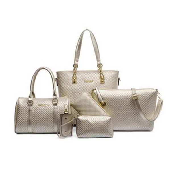 6 Pcs / Set Fashion Women Composite Bags PU Leather Diamond Lattice Print Women Handbag Shoulder Bag Wallets Purse Key Bag Set
