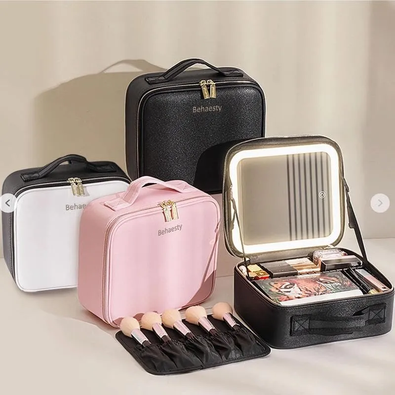 BUNPOL Makeup Bag makeup organizer mini travelproduct makeup bag with Mirror lighted makeupcase of 3-colour LED Lighted Makeup Train Case with Adjustable Dividers (rose gold)