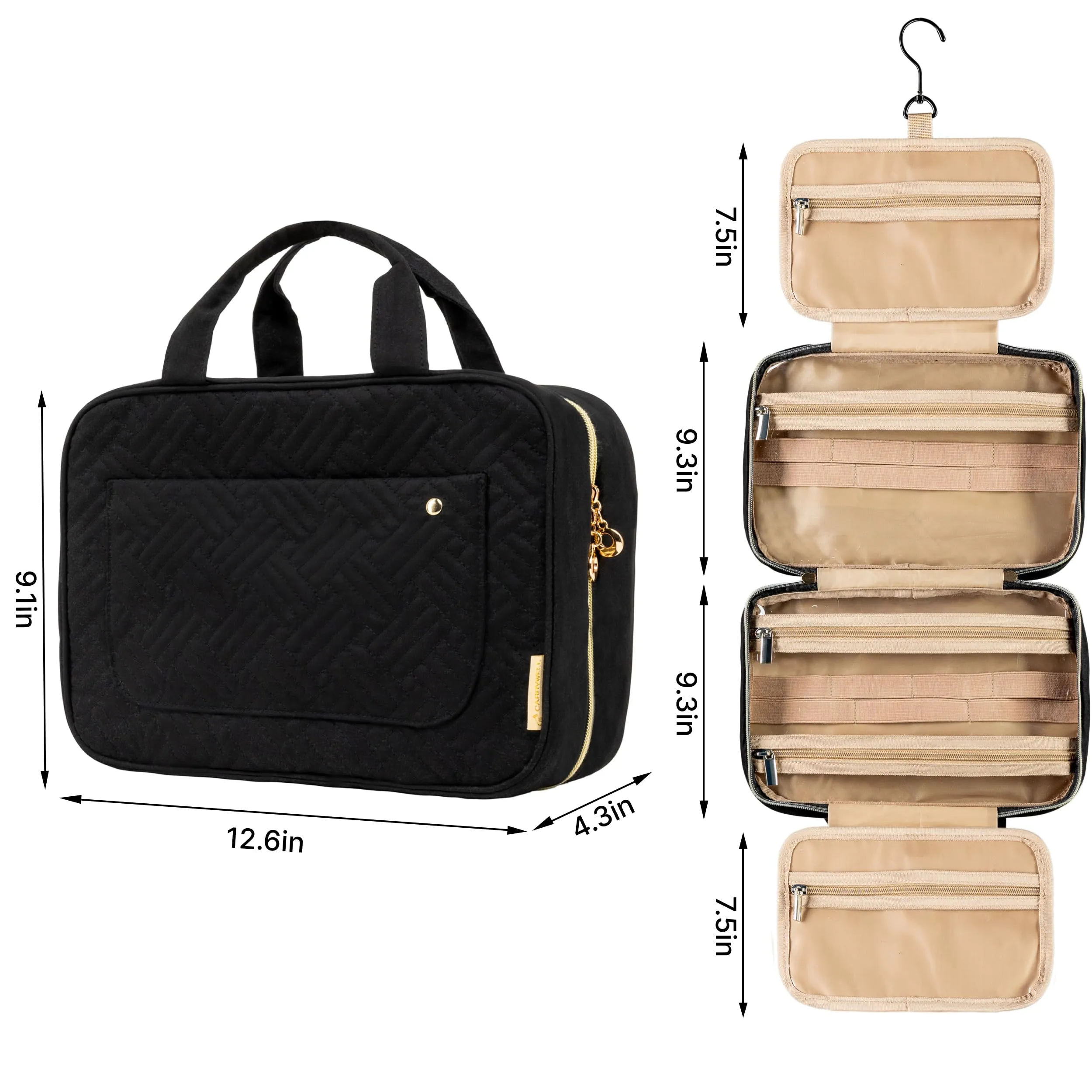 Carrywell (Not Made In China) Hanging Toiletry Bag For Women, Toiletries Bag, Travel Make Up Organizer, Water-Resistant Case For Cosmetics, Makeup and Brushes(Black, Large)