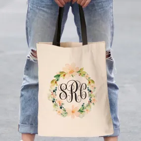 Hibiscus Wreath Monogrammed Black Handle Tote Bag