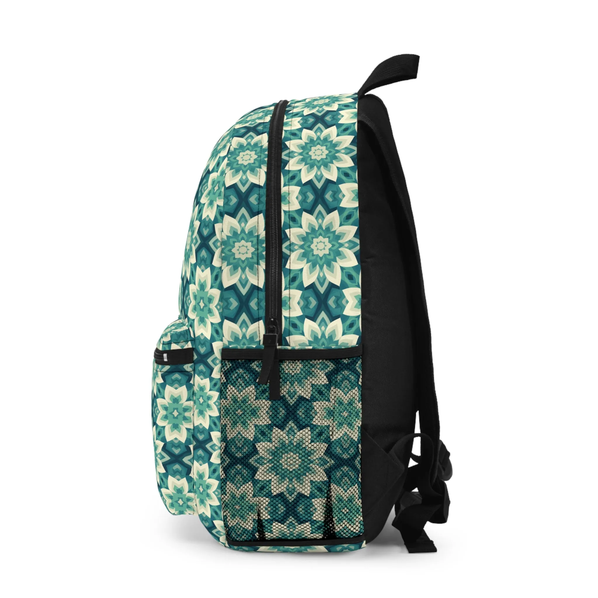Intricate Aqua and Teal Mandala Floral Pattern Lightweight Stylish Durable Backpack (Made in USA)